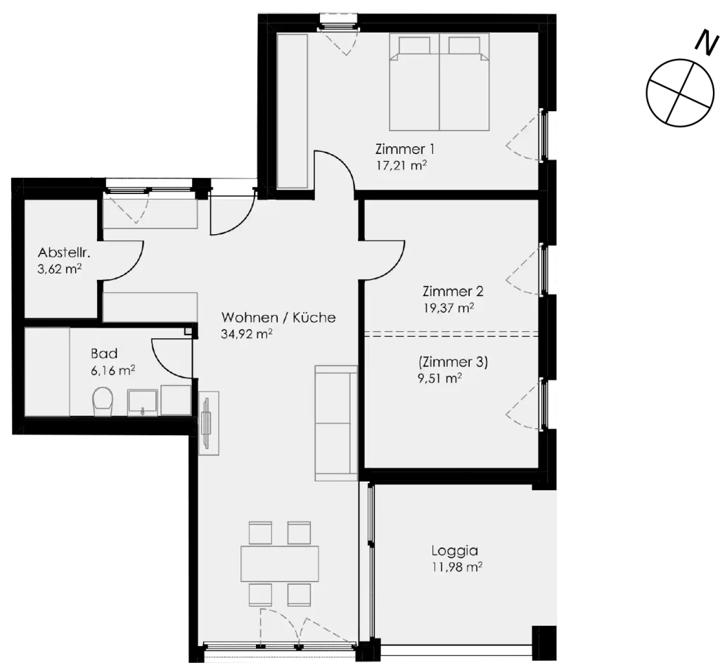 Grundriss Wohnung 1 als 3- oder 4-Zimmerwohnung in Schwäbisch Hall