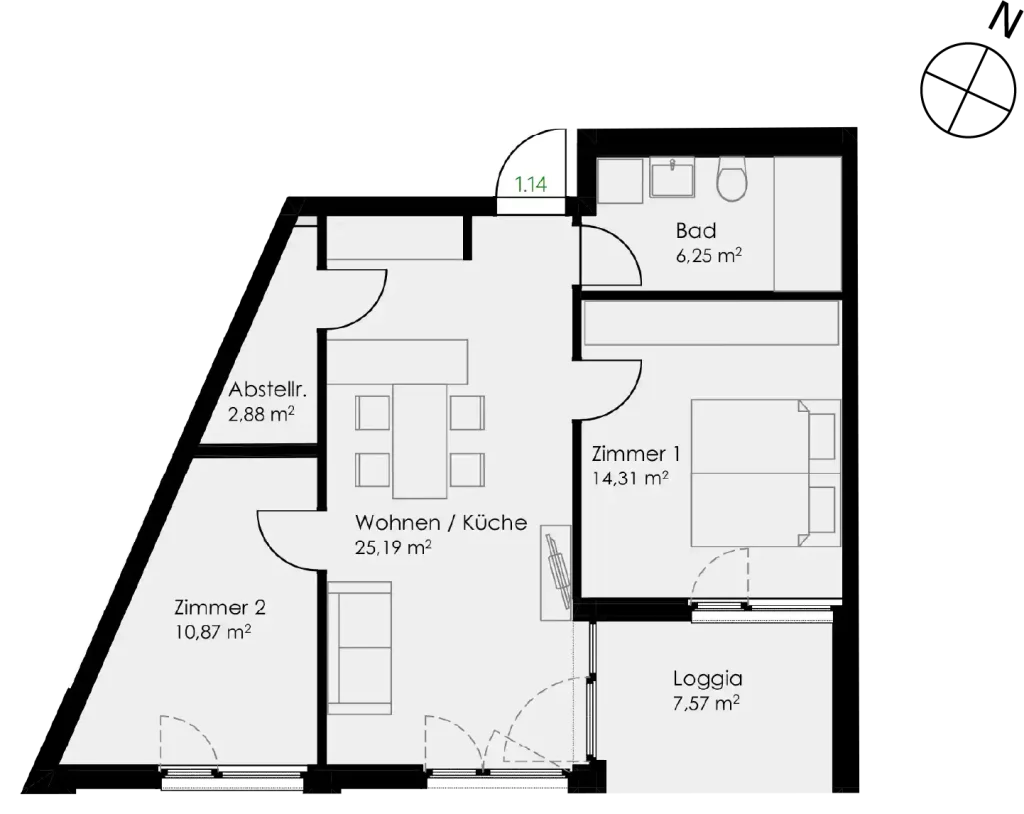 Grundriss Wohnung 14 als 3- Zimmerwohnung in Schwäbisch Hall