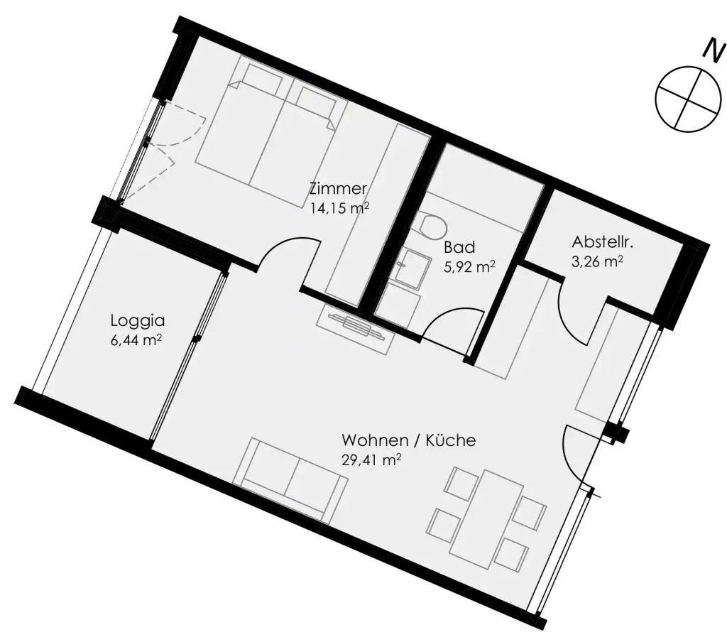 Grundriss Wohnung 21 als 2- Zimmerwohnung in Schwäbisch Hall