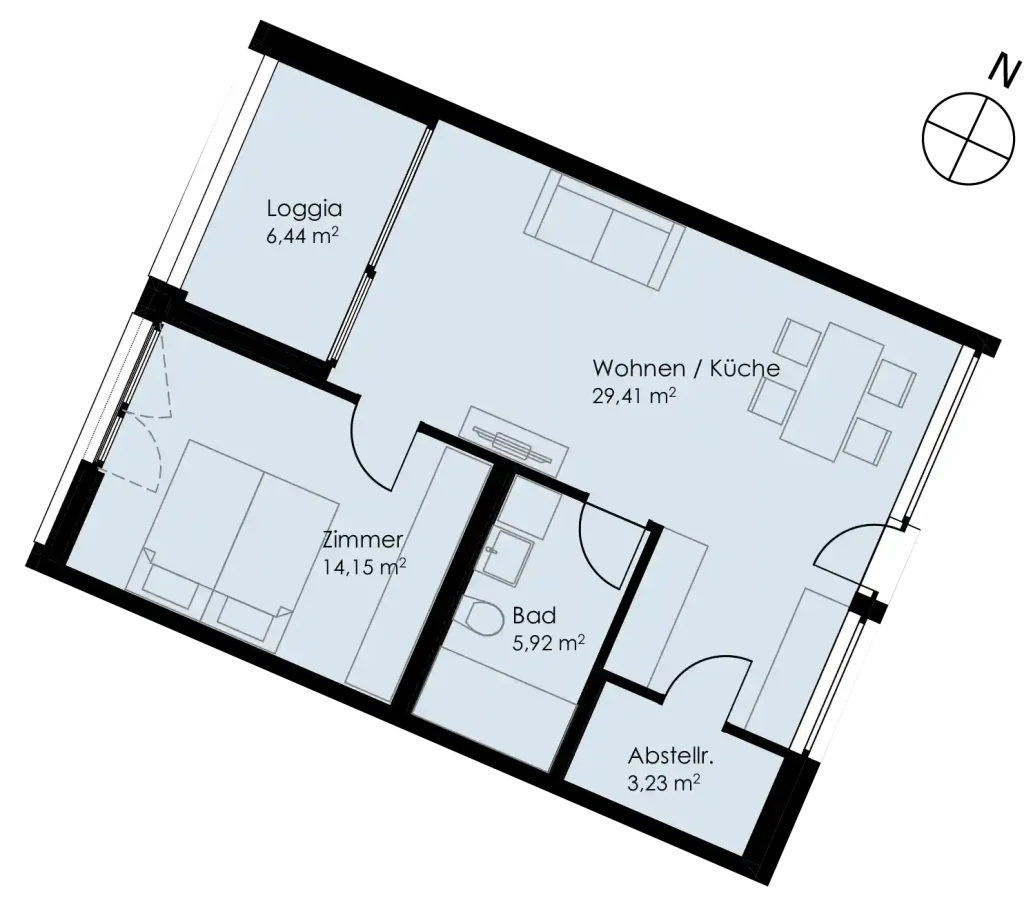 Grundriss Wohnung 22 als 2- Zimmerwohnung in Schwäbisch Hall