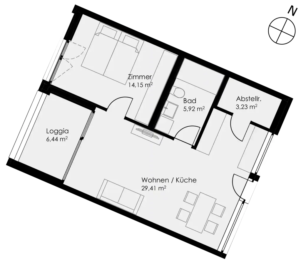 Grundriss Wohnung 23 als 2- Zimmerwohnung in Schwäbisch Hall