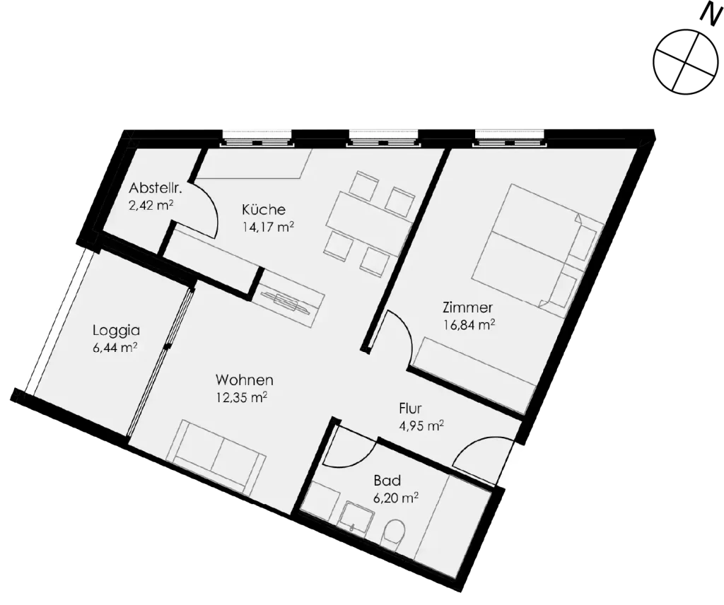 Grundriss Wohnung 25 als 2- Zimmerwohnung in Schwäbisch Hall