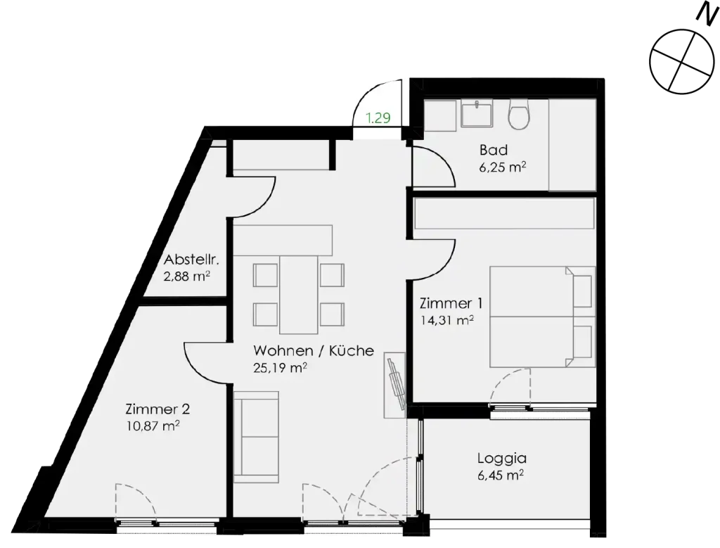 Grundriss Wohnung 29 als 3- Zimmerwohnung in Schwäbisch Hall