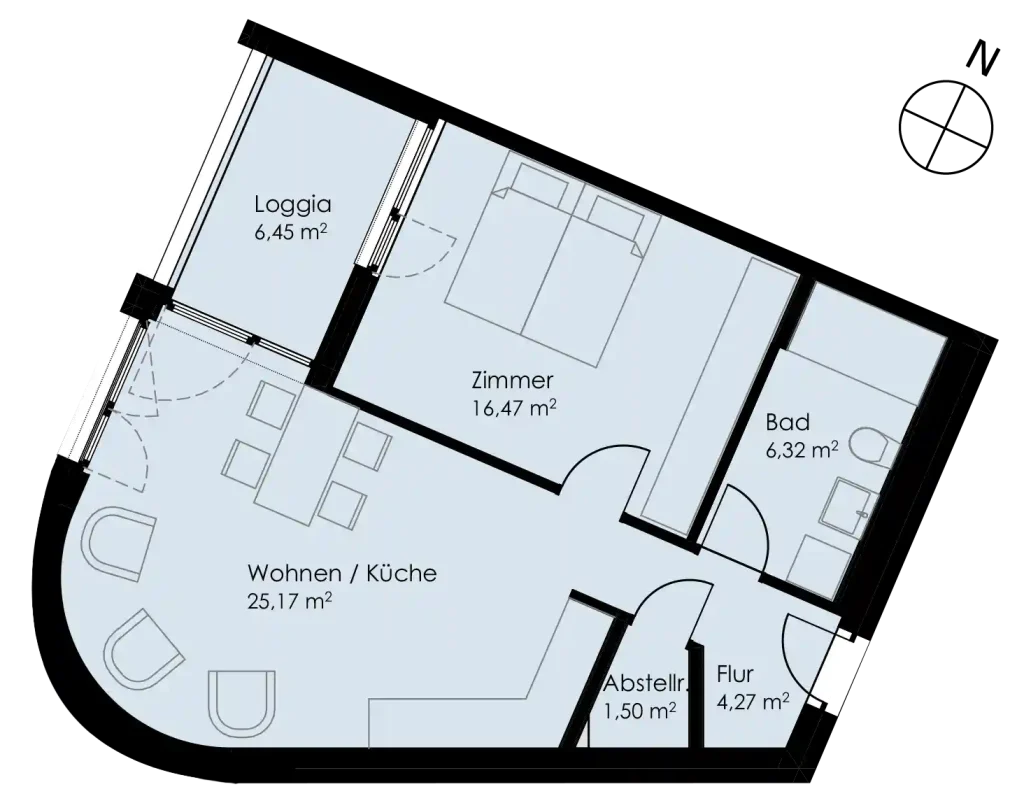 Grundriss Wohnung 35 als 2- Zimmerwohnung in Schwäbisch Hall