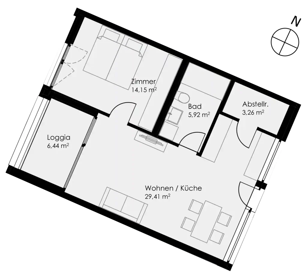 Grundriss Wohnung 36 als 2- Zimmerwohnung in Schwäbisch Hall