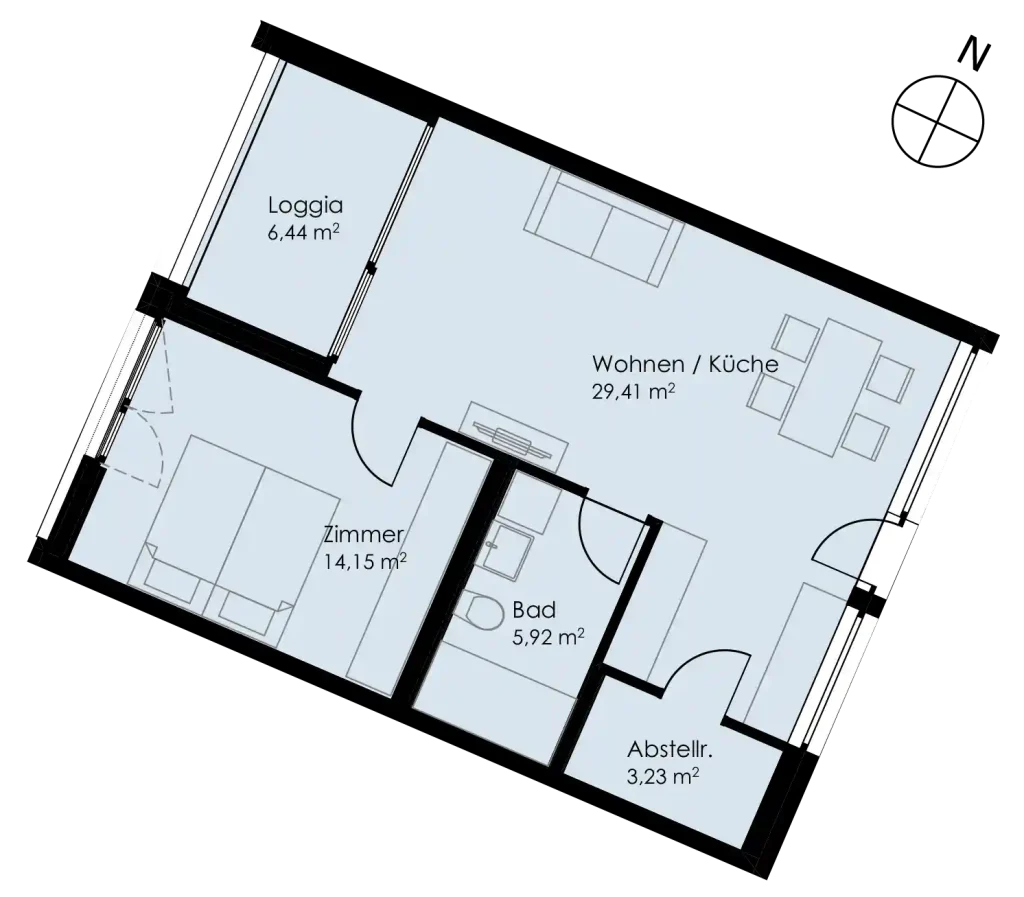 Grundriss Wohnung 37 als 2- Zimmerwohnung in Schwäbisch Hall
