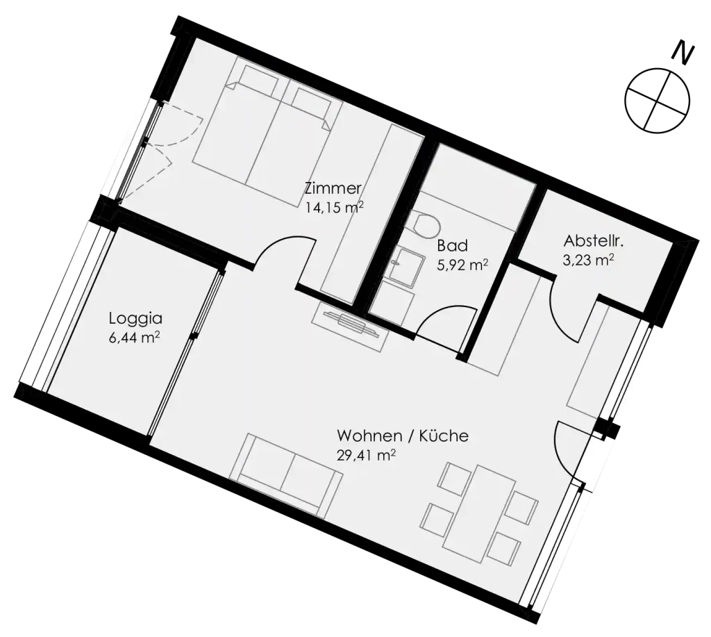 Grundriss Wohnung 38 als 2- Zimmerwohnung in Schwäbisch Hall
