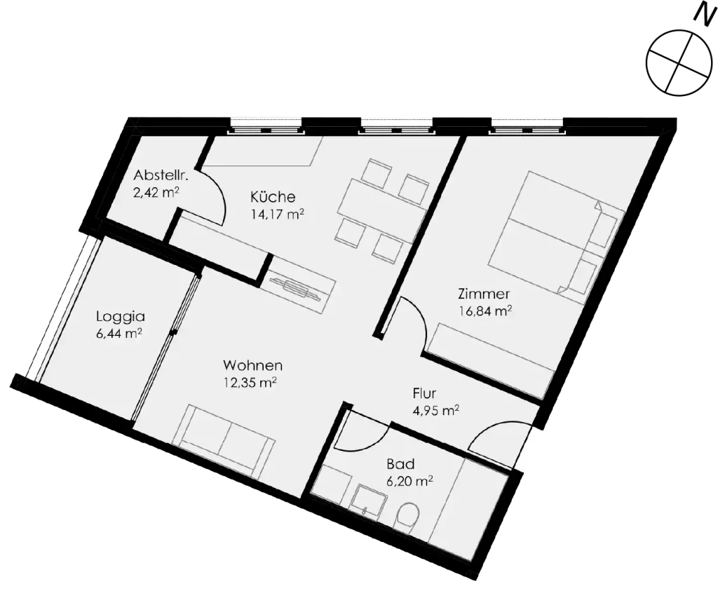 Grundriss Wohnung 40 als 2- Zimmerwohnung in Schwäbisch Hall