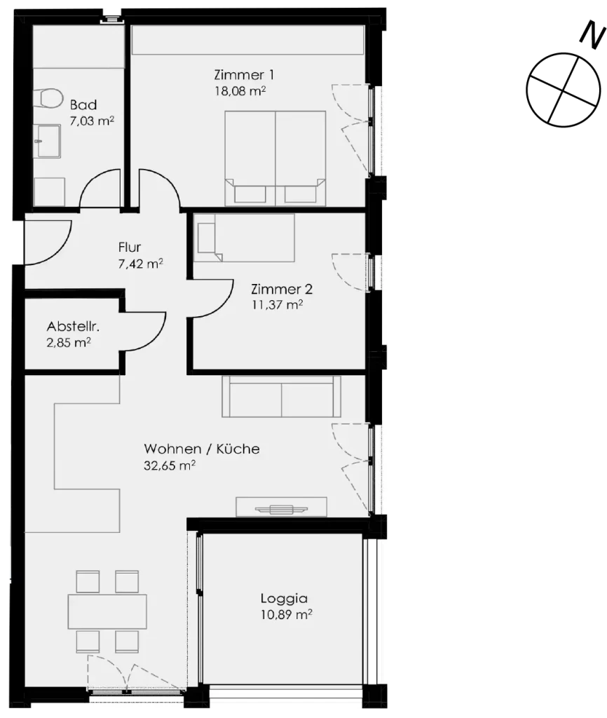 Grundriss Wohnung 42 als 3- Zimmerwohnung in Schwäbisch Hall