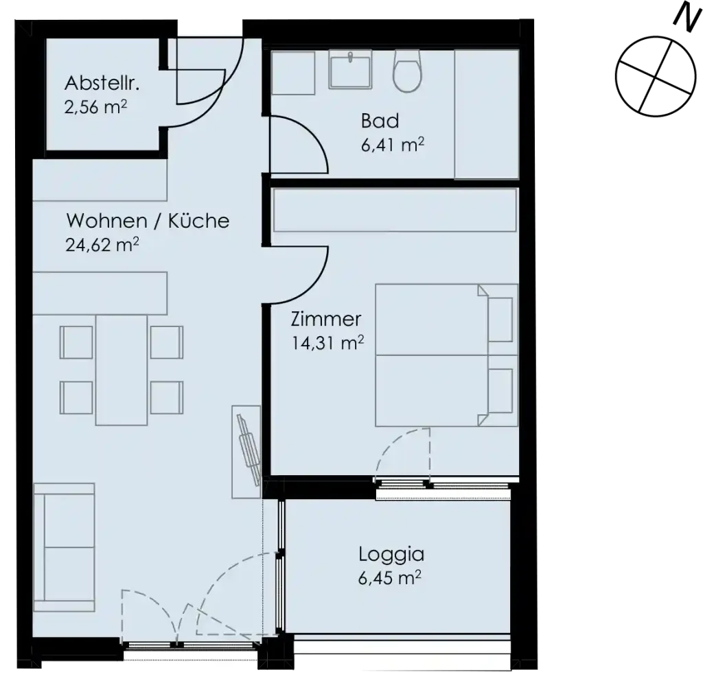 Grundriss Wohnung 43 als 2- Zimmerwohnung in Schwäbisch Hall
