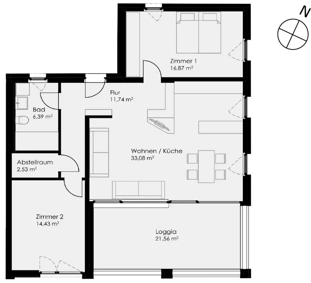 Grundriss Wohnung 45 als 3- Zimmerwohnung in Schwäbisch Hall