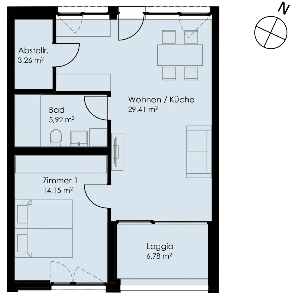 Grundriss Wohnung 46 als 2- Zimmerwohnung in Schwäbisch Hall