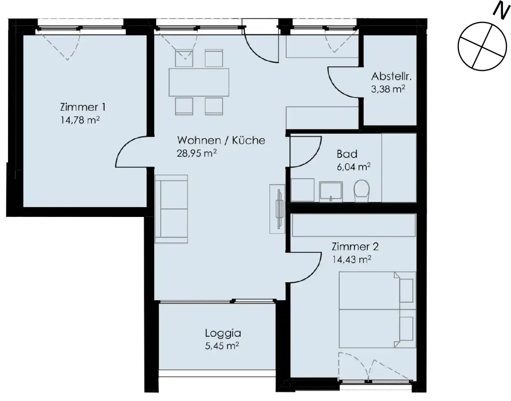 Grundriss Wohnung 48 als 3- Zimmerwohnung in Schwäbisch Hall