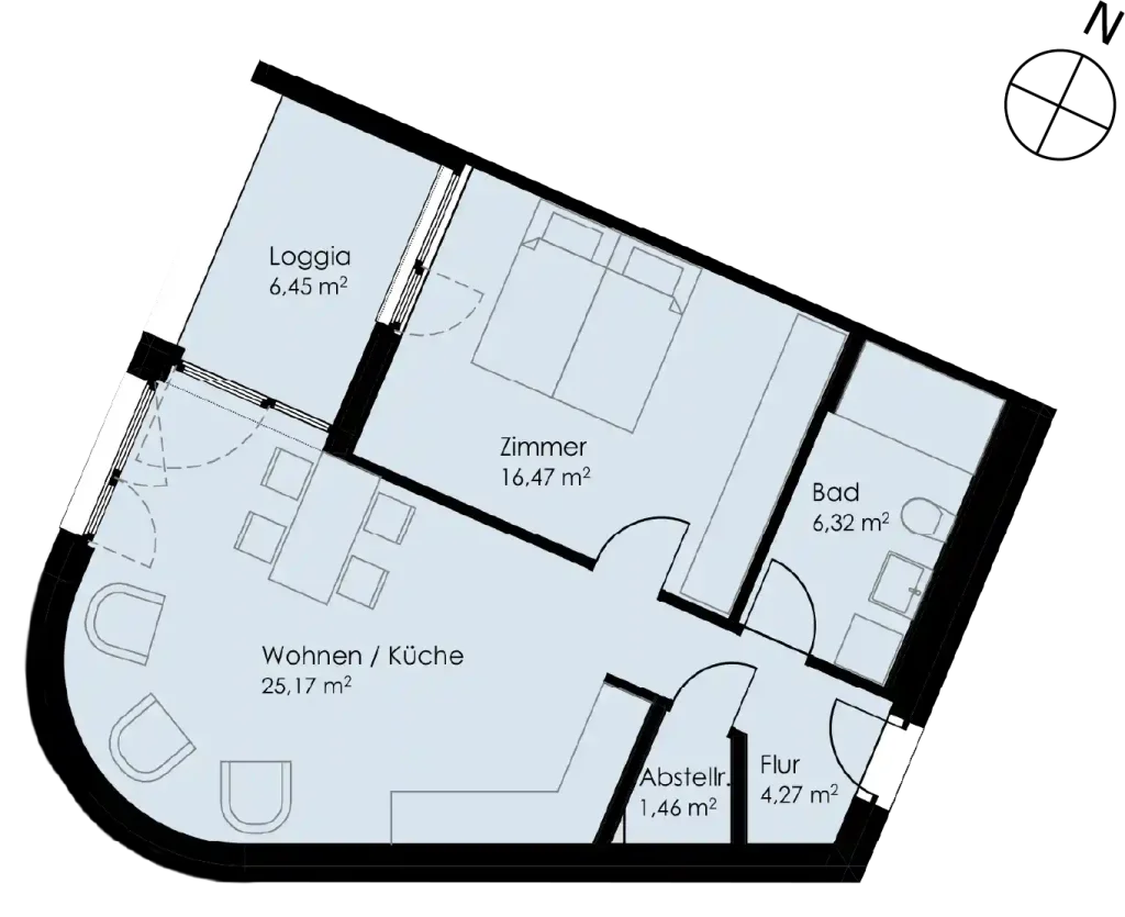 Grundriss Wohnung 6 als 2- Zimmerwohnung in Schwäbisch Hall