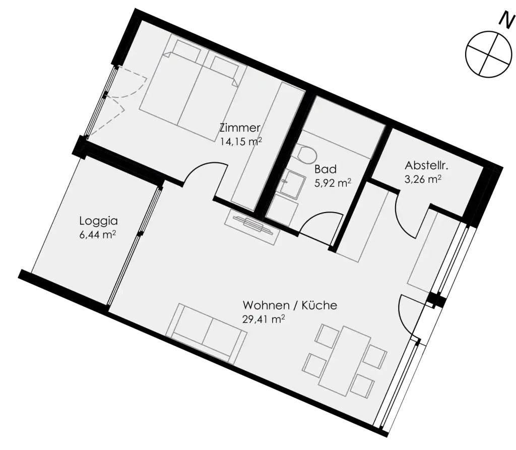 Grundriss Wohnung 7 als 2- Zimmerwohnung in Schwäbisch Hall